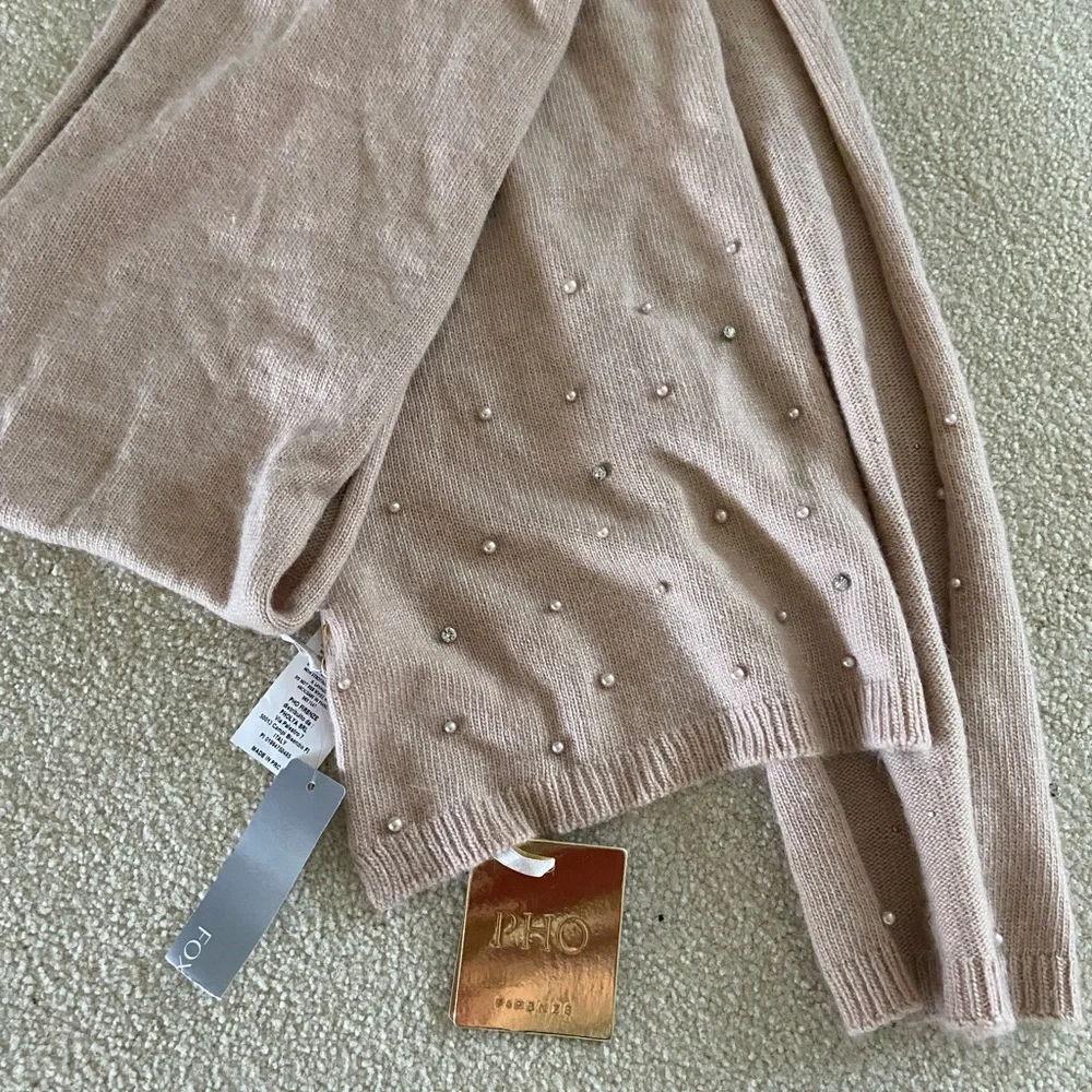 PHO Firenze  Beige Knit Scarf with Pearl and rhinestone Accents, Angora blend